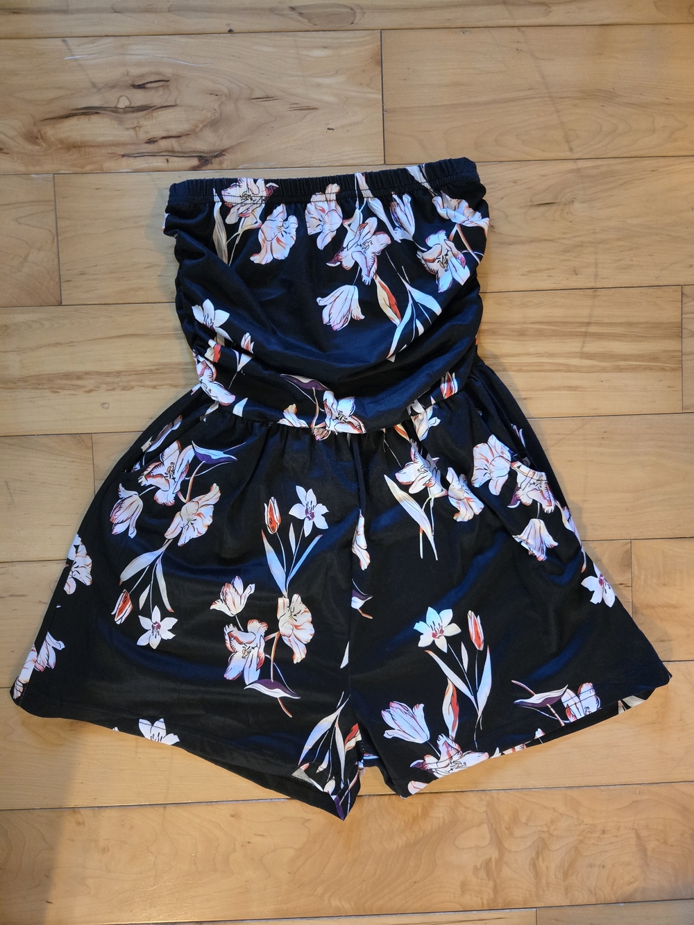 Black Floral Strapless One-Piece Romper